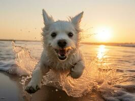 Happy dog playing on the beach AI Generative photo