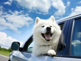 Happy dog riding in a car with its head out the window AI Generative photo