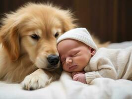 Loving dog nuzzling a newborn baby in a crib AI Generative photo