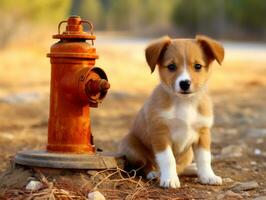 Cute puppy sitting by a fire hydrant AI Generative photo