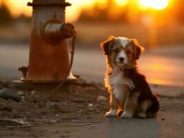 Cute puppy sitting by a fire hydrant AI Generative photo