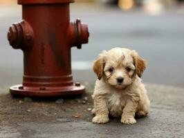 Cute puppy sitting by a fire hydrant AI Generative photo