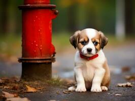 Cute puppy sitting by a fire hydrant AI Generative photo