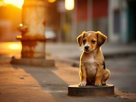 Cute puppy sitting by a fire hydrant AI Generative photo