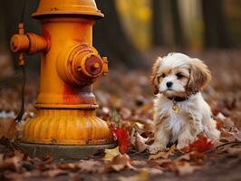 Cute puppy sitting by a fire hydrant AI Generative photo