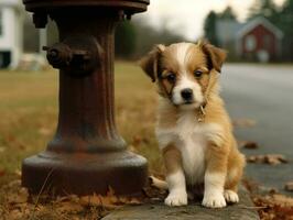 Cute puppy sitting by a fire hydrant AI Generative photo