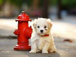 Cute puppy sitting by a fire hydrant AI Generative photo