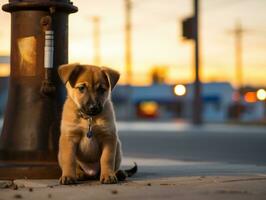 Cute puppy sitting by a fire hydrant AI Generative photo