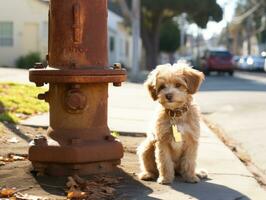 Cute puppy sitting by a fire hydrant AI Generative photo