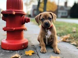 Cute puppy sitting by a fire hydrant AI Generative photo