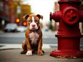 Cute puppy sitting by a fire hydrant AI Generative photo