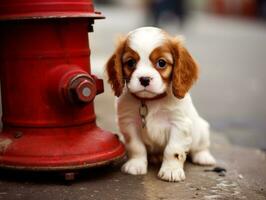 Cute puppy sitting by a fire hydrant AI Generative photo