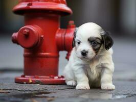 Cute puppy sitting by a fire hydrant AI Generative photo