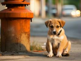 Cute puppy sitting by a fire hydrant AI Generative photo