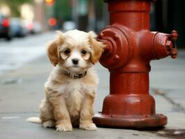 Cute puppy sitting by a fire hydrant AI Generative photo