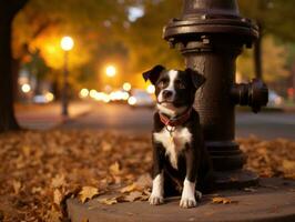 Cute puppy sitting by a fire hydrant AI Generative photo