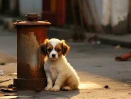 Cute puppy sitting by a fire hydrant AI Generative photo