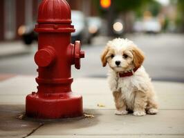 Cute puppy sitting by a fire hydrant AI Generative photo