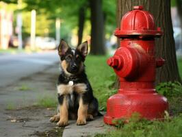 Cute puppy sitting by a fire hydrant AI Generative photo