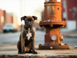 Cute puppy sitting by a fire hydrant AI Generative photo