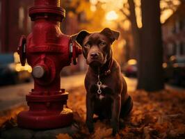 Cute puppy sitting by a fire hydrant AI Generative photo