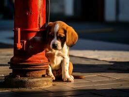 Cute puppy sitting by a fire hydrant AI Generative photo