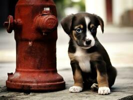 Cute puppy sitting by a fire hydrant AI Generative photo