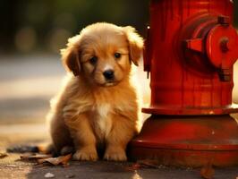 Cute puppy sitting by a fire hydrant AI Generative photo