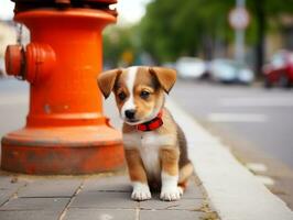 Cute puppy sitting by a fire hydrant AI Generative photo