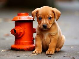 Cute puppy sitting by a fire hydrant AI Generative photo