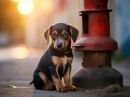 Cute puppy sitting by a fire hydrant AI Generative photo