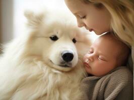 Loving dog nuzzling a newborn baby in a crib AI Generative photo