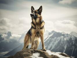 Majestic dog standing proudly on a mountain peak AI Generative photo