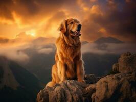 majestuoso perro en pie con orgullo en un montaña pico ai generativo foto