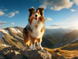 majestuoso perro en pie con orgullo en un montaña pico ai generativo foto