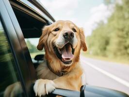 Happy dog riding in a car with its head out the window AI Generative photo