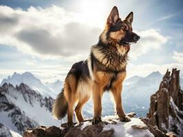 Majestic dog standing proudly on a mountain peak AI Generative photo