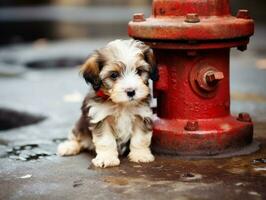 Cute puppy sitting by a fire hydrant AI Generative photo