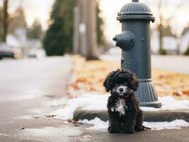 Cute puppy sitting by a fire hydrant AI Generative photo