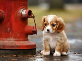 Cute puppy sitting by a fire hydrant AI Generative photo