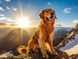 majestuoso perro en pie con orgullo en un montaña pico ai generativo foto