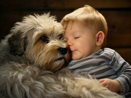 Loving dog nuzzling a newborn baby in a crib AI Generative photo