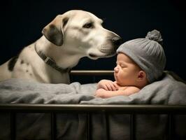 Loving dog nuzzling a newborn baby in a crib AI Generative photo