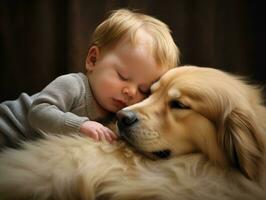 amoroso perro acariciando un recién nacido bebé en un cuna ai generativo foto