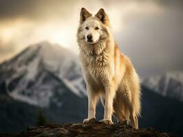 majestuoso perro en pie con orgullo en un montaña pico ai generativo foto