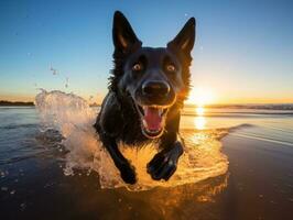 Happy dog playing on the beach AI Generative photo