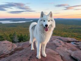 majestuoso perro en pie con orgullo en un montaña pico ai generativo foto