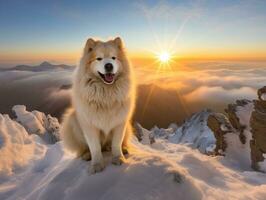 majestuoso perro en pie con orgullo en un montaña pico ai generativo foto