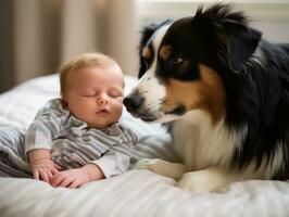 amoroso perro acariciando un recién nacido bebé en un cuna ai generativo foto