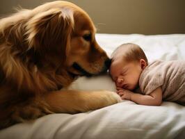 amoroso perro acariciando un recién nacido bebé en un cuna ai generativo foto